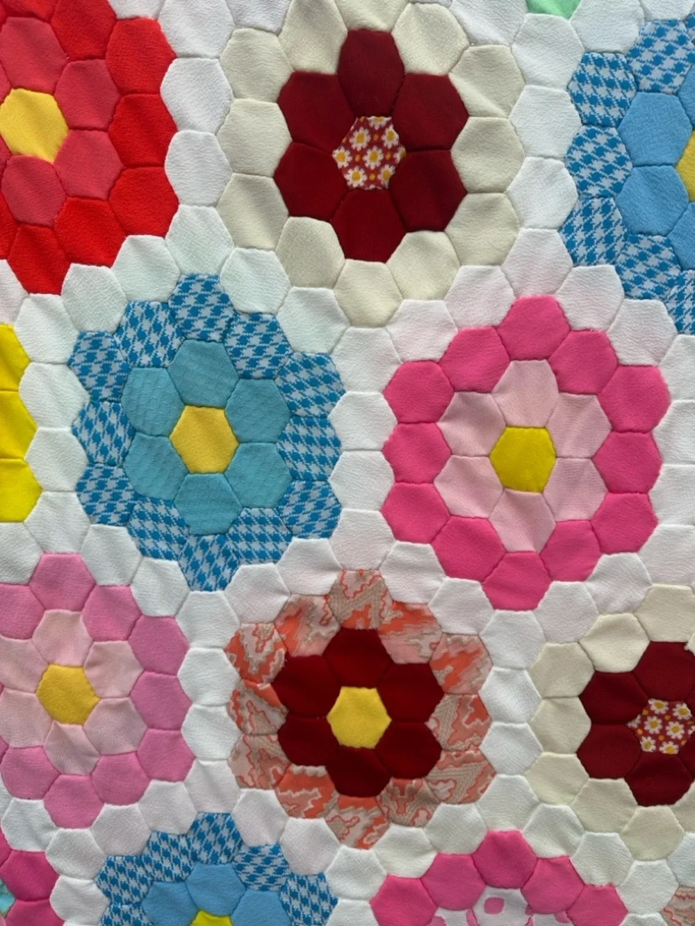 Vintage Grandmother’s Garden Quilt Topper HandmadeHexagon Floral Cottagecore